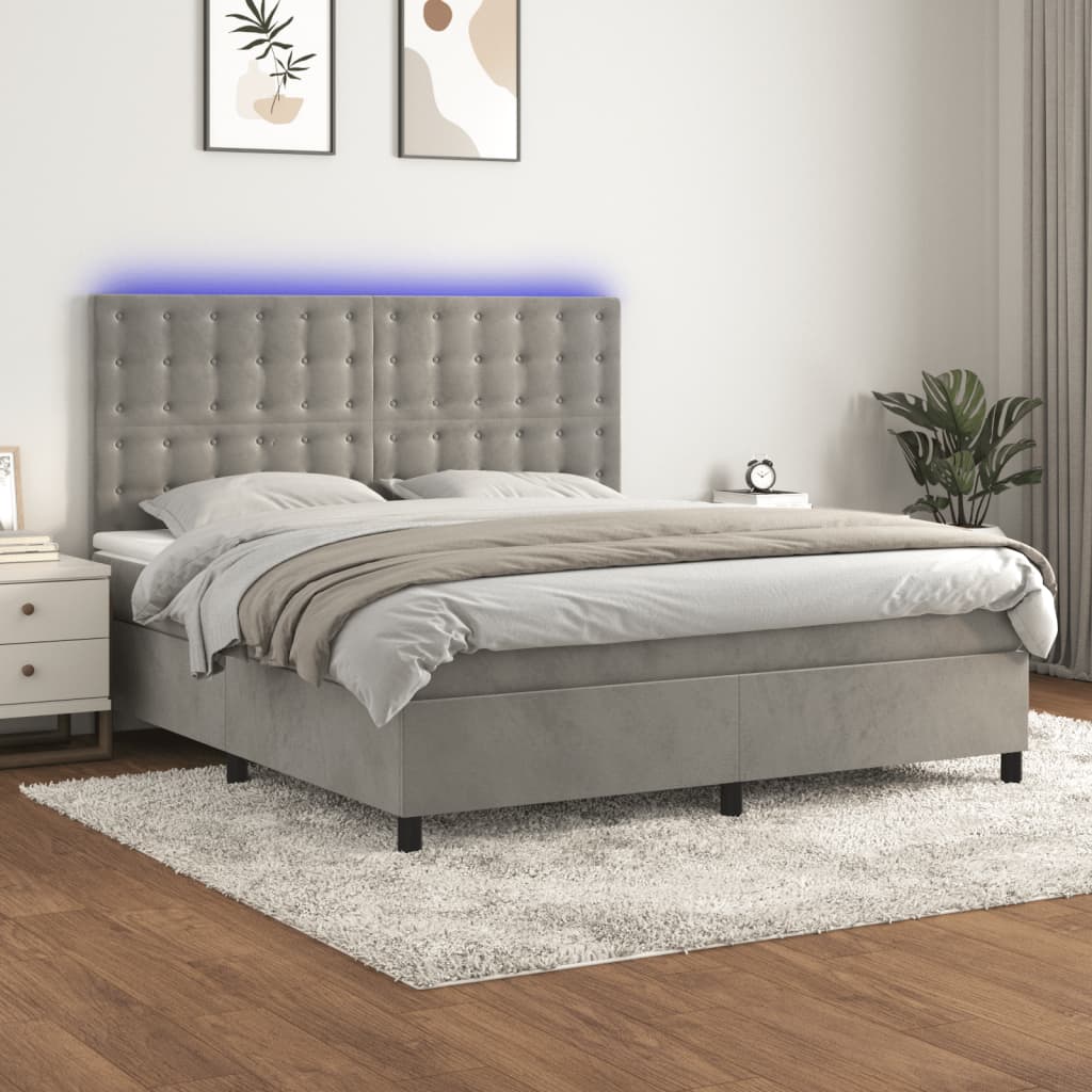 Boxspring met matras en LED fluweel lichtgrijs 160x200 cm is nu te koop bij PeponiXL, paradijselijk wonen!