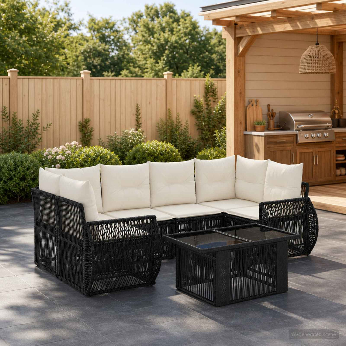 Tuinbankenset 7 st Zwart en Cream Wit poly rattan is nu te koop bij PeponiXL, paradijselijk wonen!