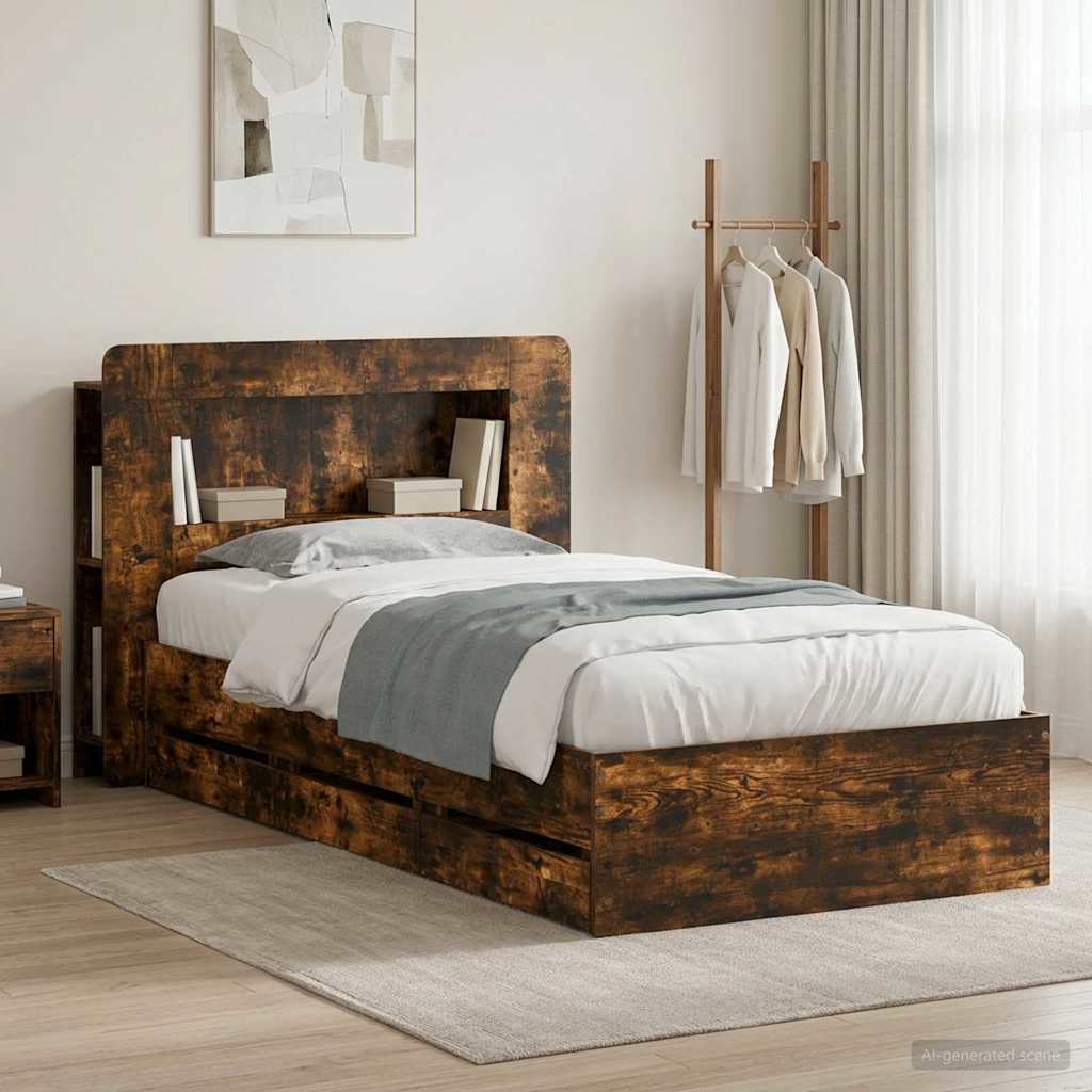 Bedframe met opslag Gerookt eiken 80 x 200 cm Bewerkt hout is nu te koop bij PeponiXL, paradijselijk wonen!