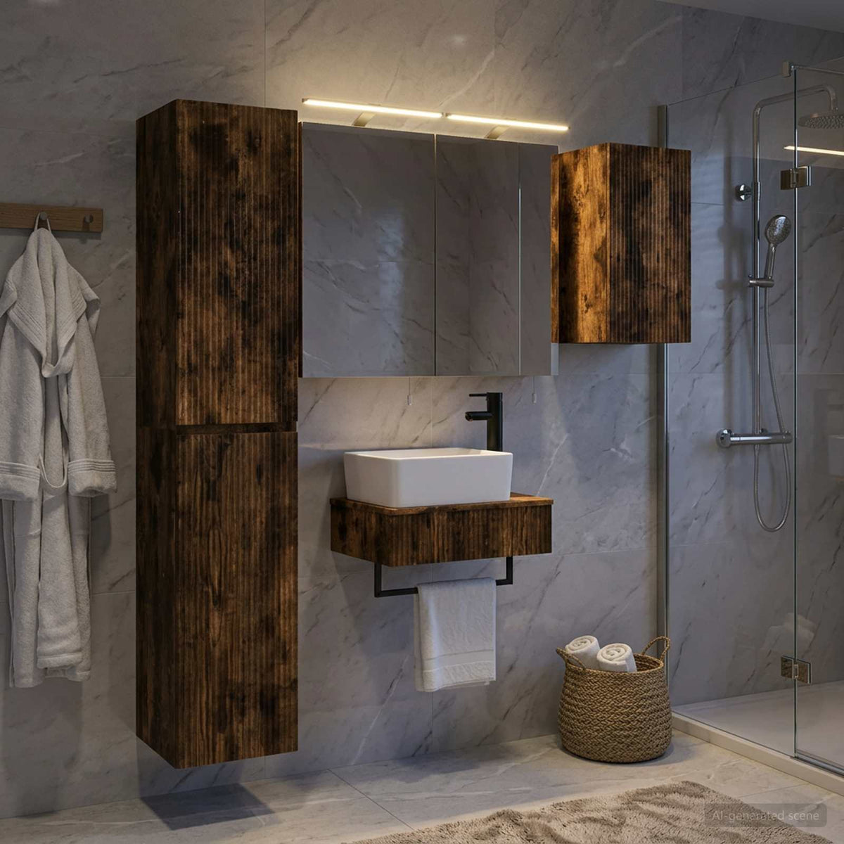 Badkamermeubelset 5 st Gerookt eiken Bewerkt hout en glas is nu te koop bij PeponiXL, paradijselijk wonen!