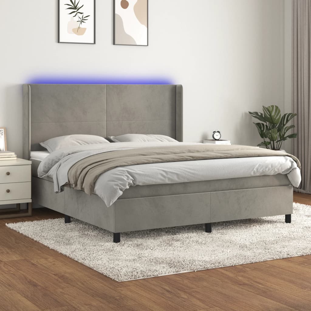 Boxspring met matras en LED fluweel lichtgrijs 180x200 cm is nu te koop bij PeponiXL, paradijselijk wonen!