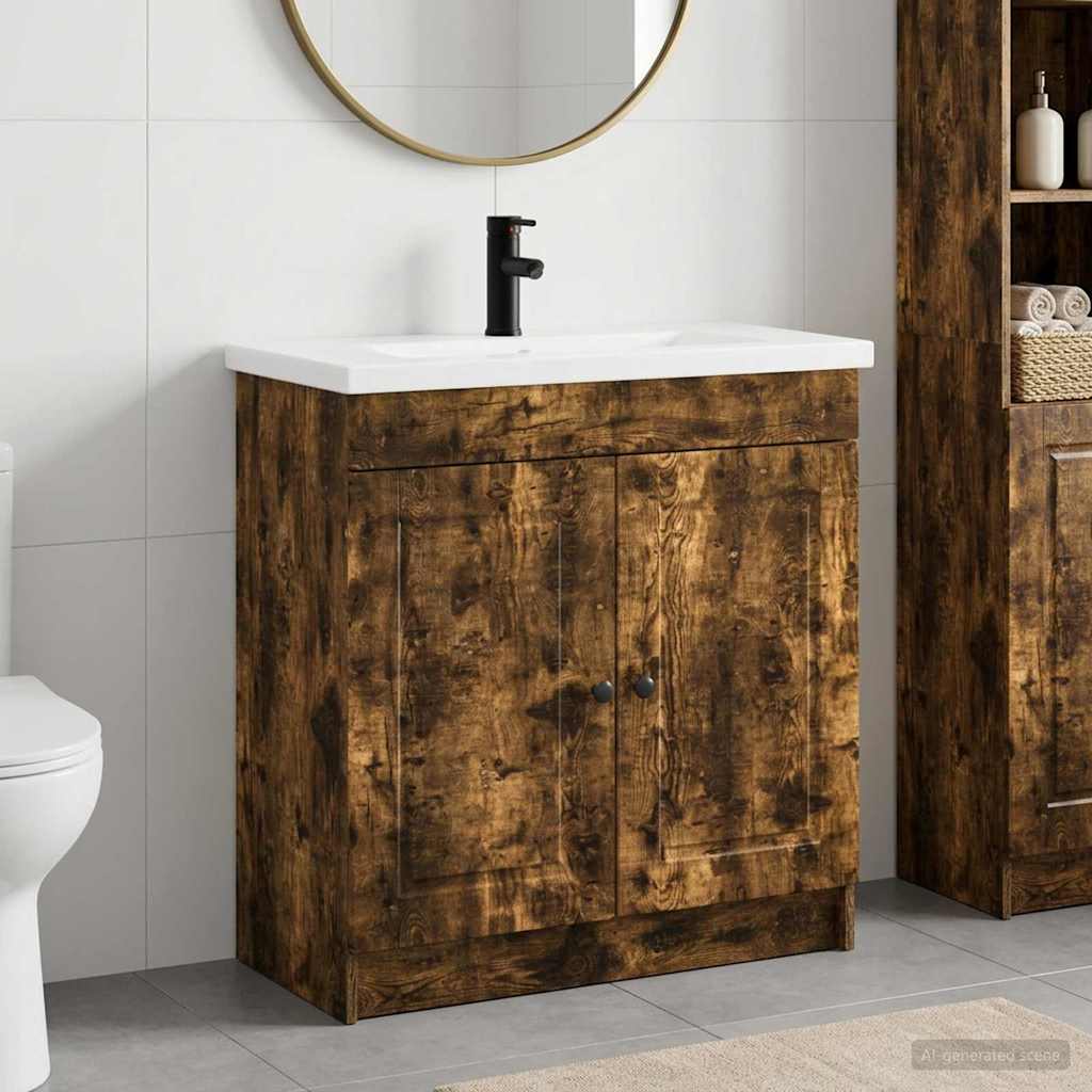 Badkamermeubelset Gerookt eiken 56 x 37,5 x 81 cm Bewerkt hout is nu te koop bij PeponiXL, paradijselijk wonen!