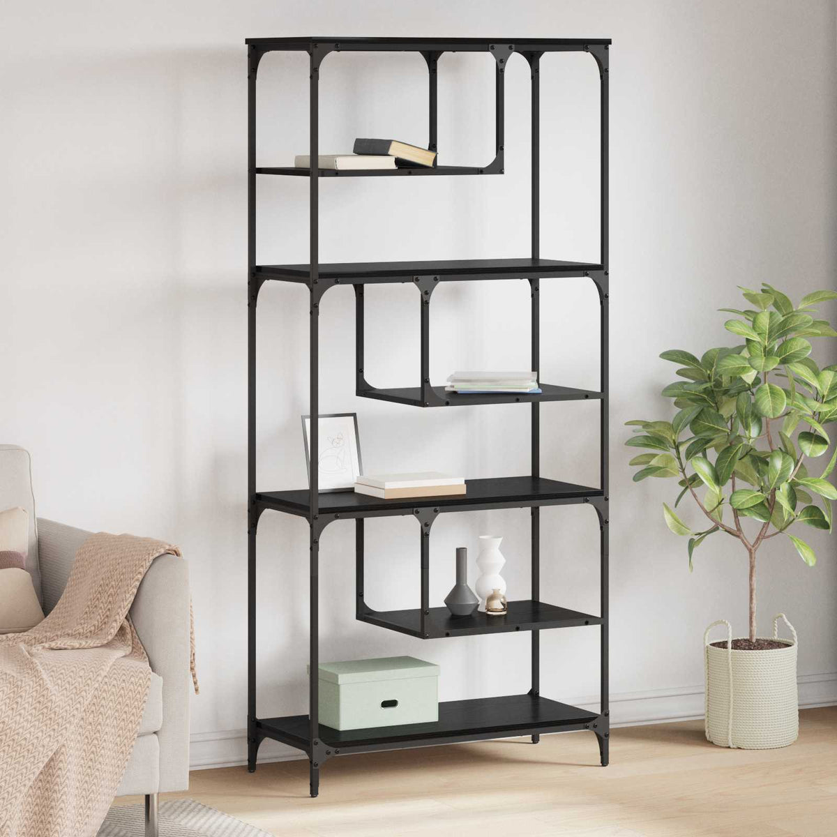 Boekenkast Zwart eiken 81 x 36 x 176 cm Bewerkt hout is nu te koop bij PeponiXL, paradijselijk wonen!