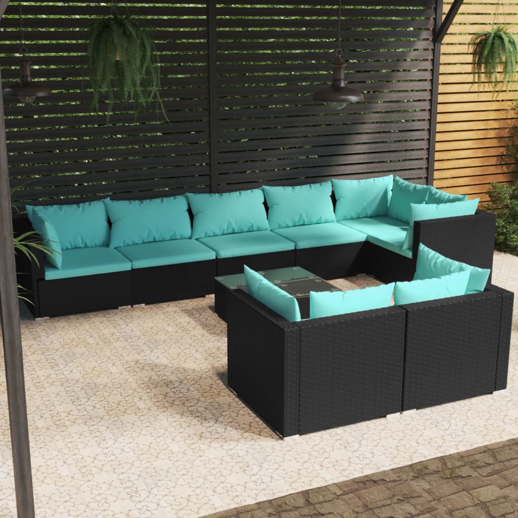 9-delige Loungeset met kussens poly rattan zwart is nu te koop bij PeponiXL, paradijselijk wonen!