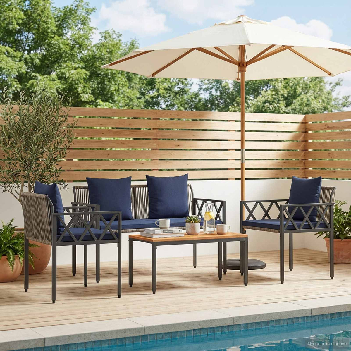 tuinmeubelset 4 pcs Grijs en Marineblauw poly rattan is nu te koop bij PeponiXL, paradijselijk wonen!