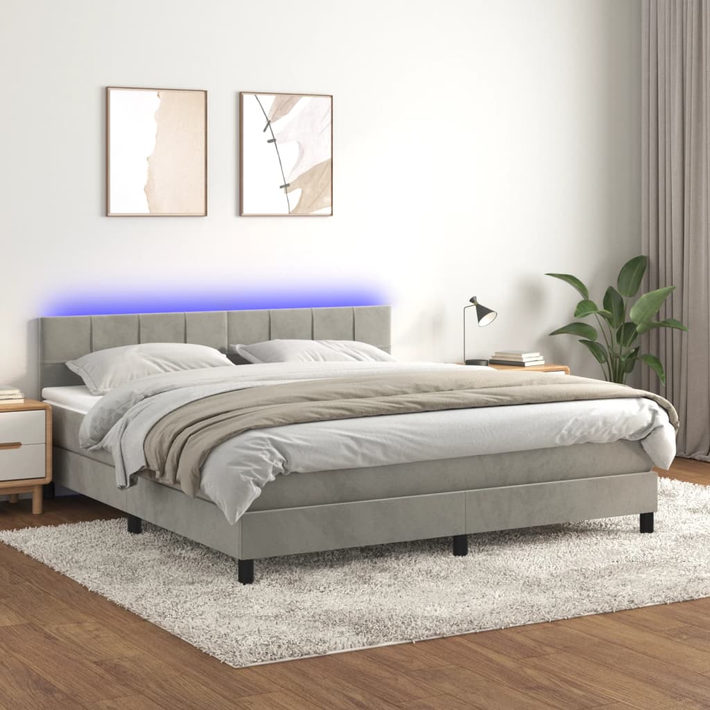 Boxspring met matras en LED fluweel lichtgrijs 160x200 cm is nu te koop bij PeponiXL, paradijselijk wonen!