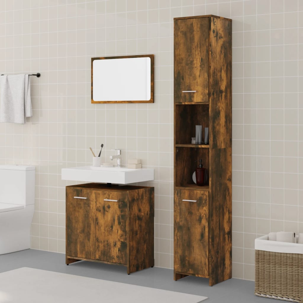 3-delige Badkamermeubelset bewerkt hout gerookt eikenkleurig is nu te koop bij PeponiXL, paradijselijk wonen!