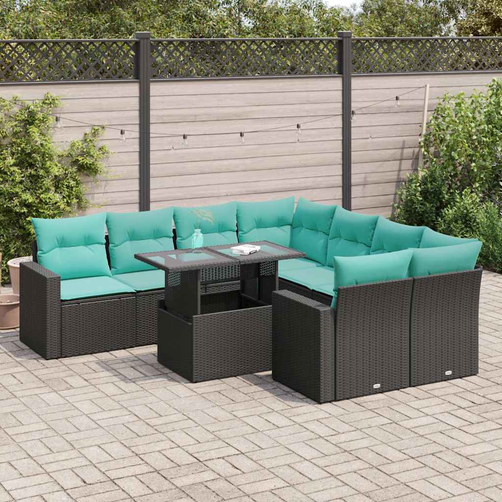 9-delige Loungeset met kussens poly rattan acacia zwart is nu te koop bij PeponiXL, paradijselijk wonen!