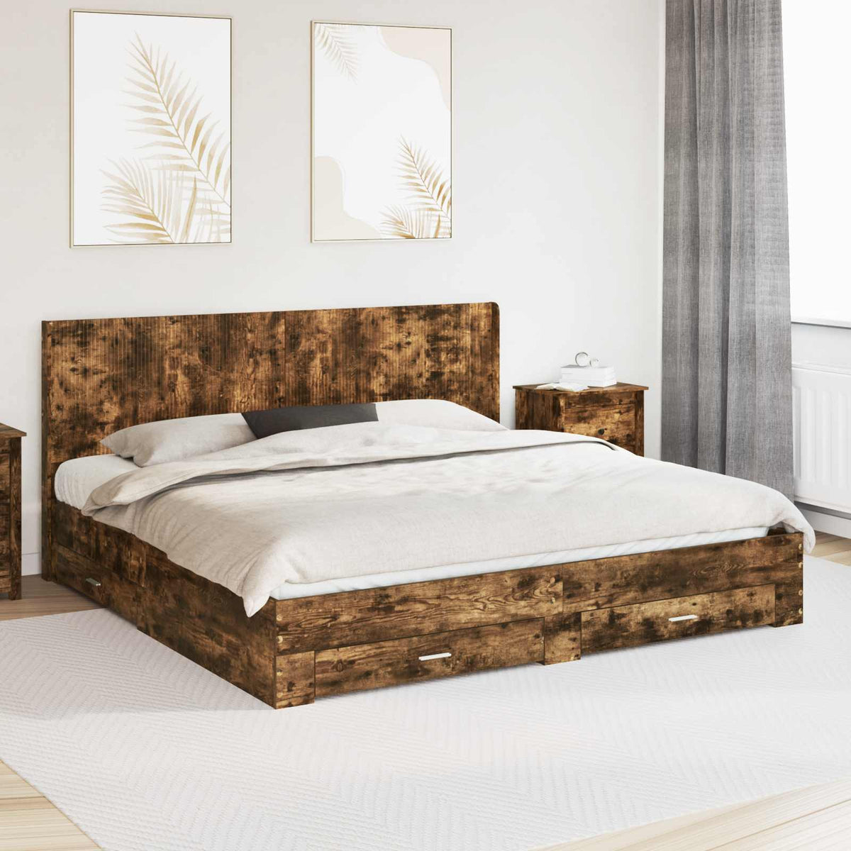 Bedframe met opbergruimte en hoofdbord Gerookt eiken is nu te koop bij PeponiXL, paradijselijk wonen!