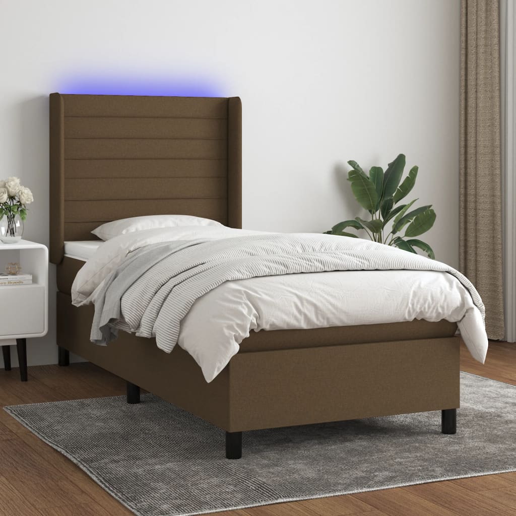 Boxspring met matras en LED stof donkerbruin 90x190 cm is nu te koop bij PeponiXL, paradijselijk wonen!