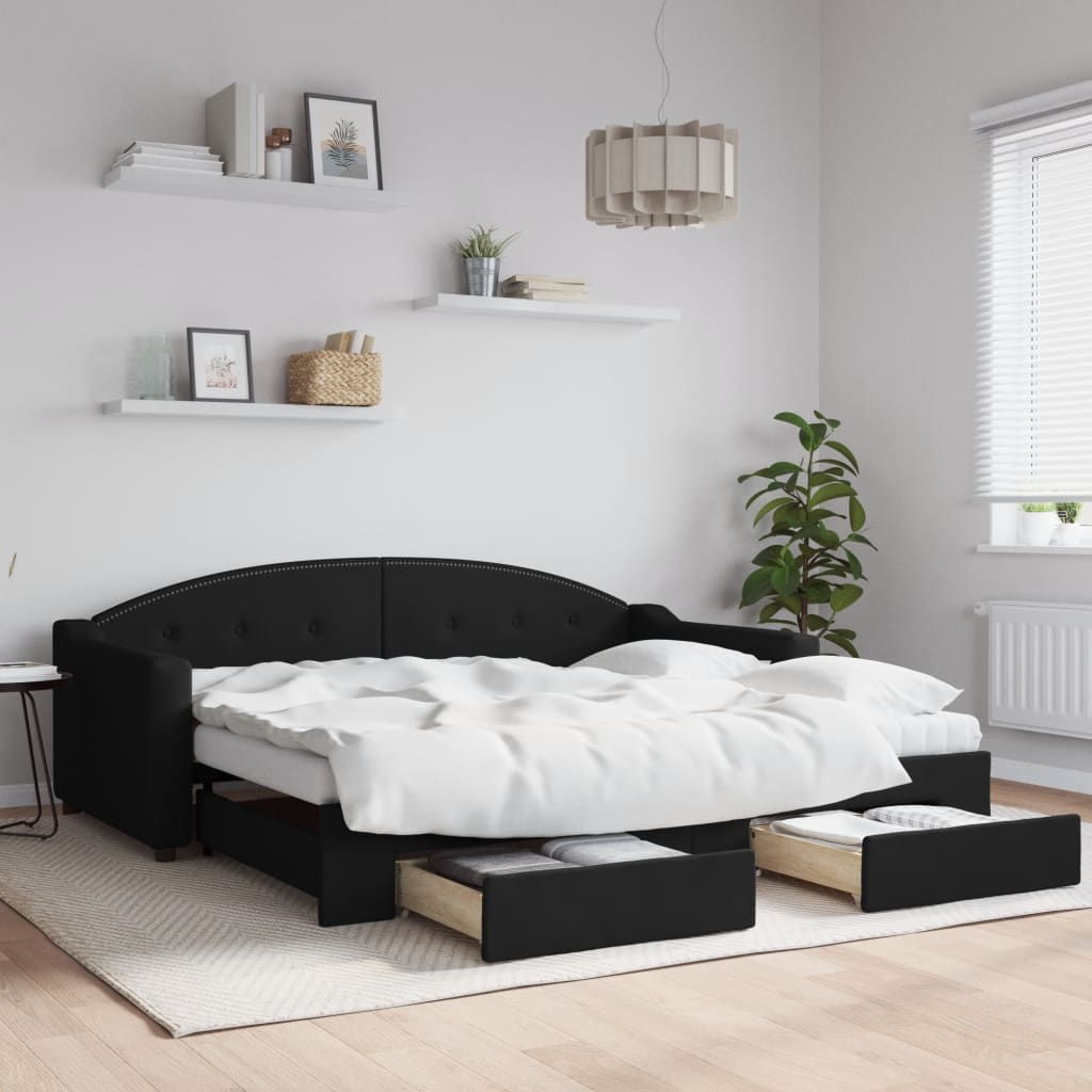 Slaapbank met onderschuifbed en lades 90x190 cm stof zwart is nu te koop bij PeponiXL, paradijselijk wonen!