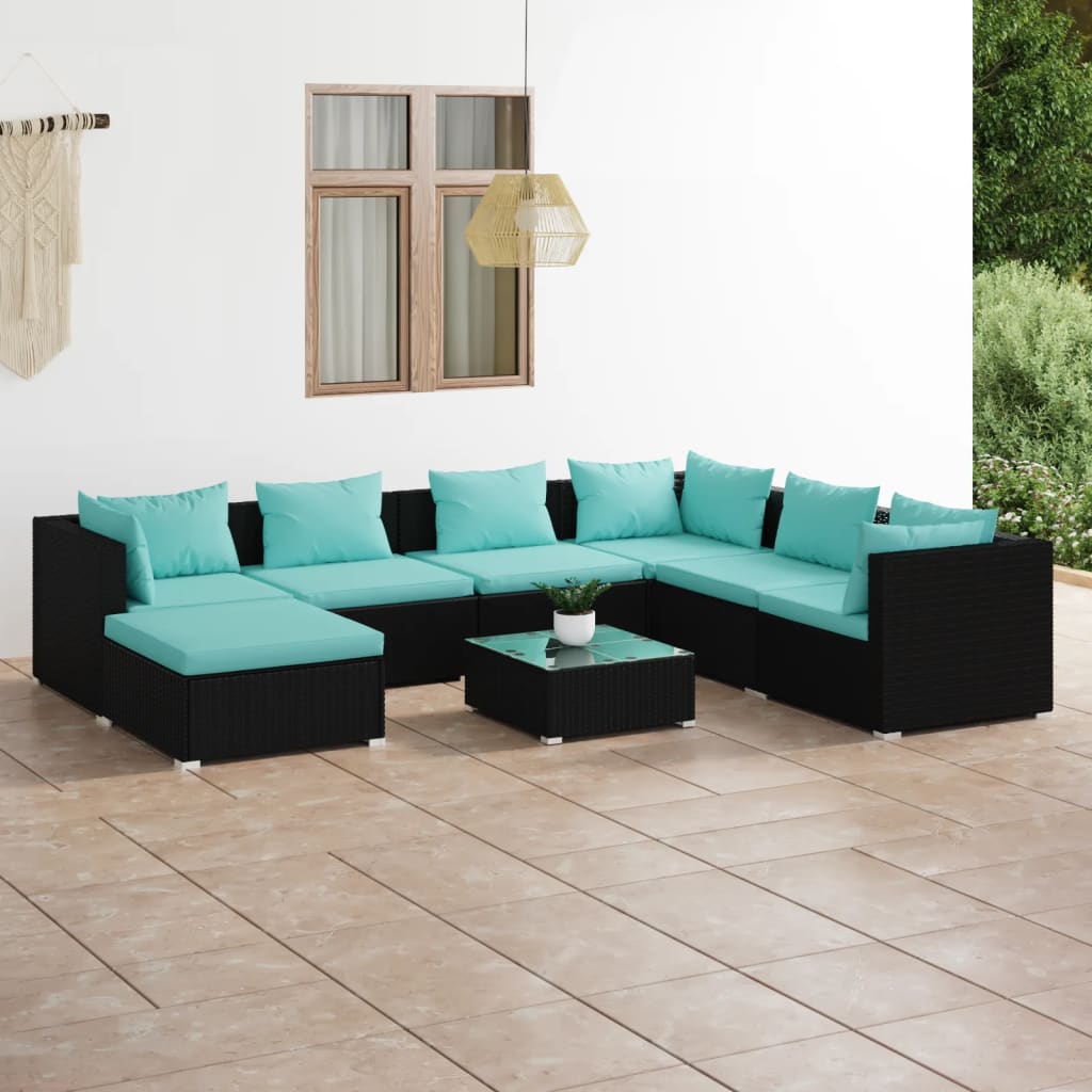 8-delige Loungeset met kussens poly rattan zwart is nu te koop bij PeponiXL, paradijselijk wonen!