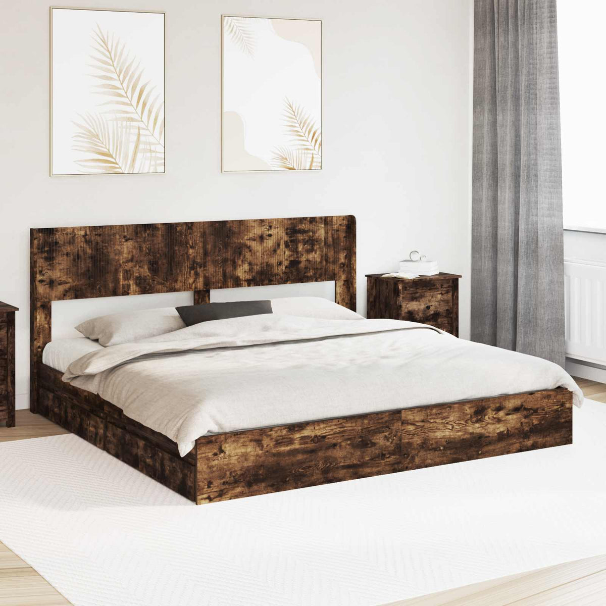 Bedframe met opbergruimte en hoofdbord Gerookt eiken is nu te koop bij PeponiXL, paradijselijk wonen!