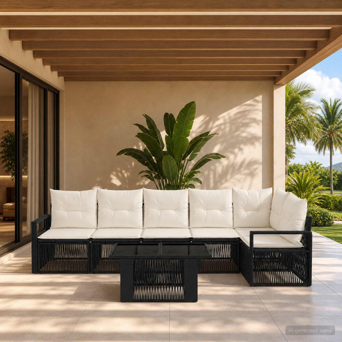 Tuinbankenset 7 st Zwart en Cream Wit poly rattan is nu te koop bij PeponiXL, paradijselijk wonen!
