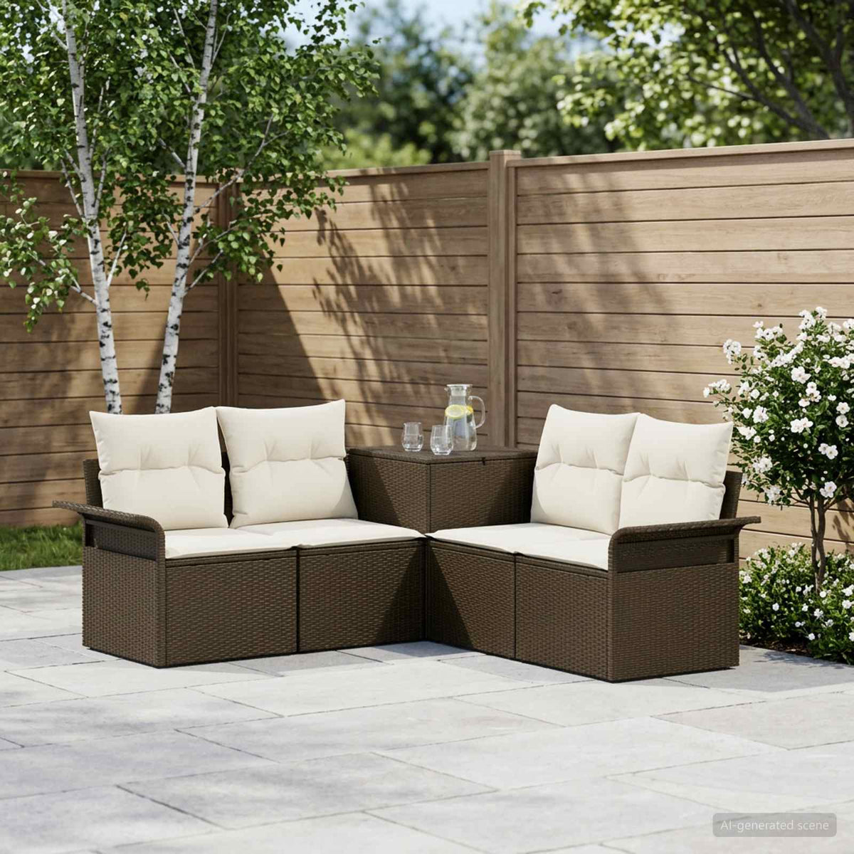 Bankstel 5 st Bruin en Crème Wit Poly Rattan en Staal is nu te koop bij PeponiXL, paradijselijk wonen!
