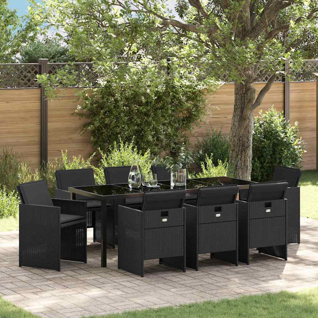 Tuin eettafelset met kussen 9 pcs Zwart poly rattan is nu te koop bij PeponiXL, paradijselijk wonen!