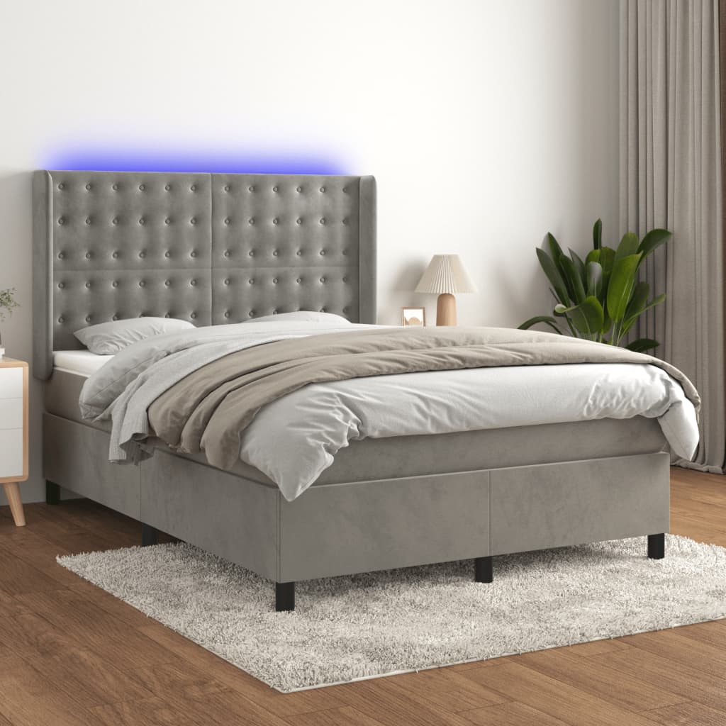 Boxspring met matras en LED fluweel lichtgrijs 140x200 cm is nu te koop bij PeponiXL, paradijselijk wonen!