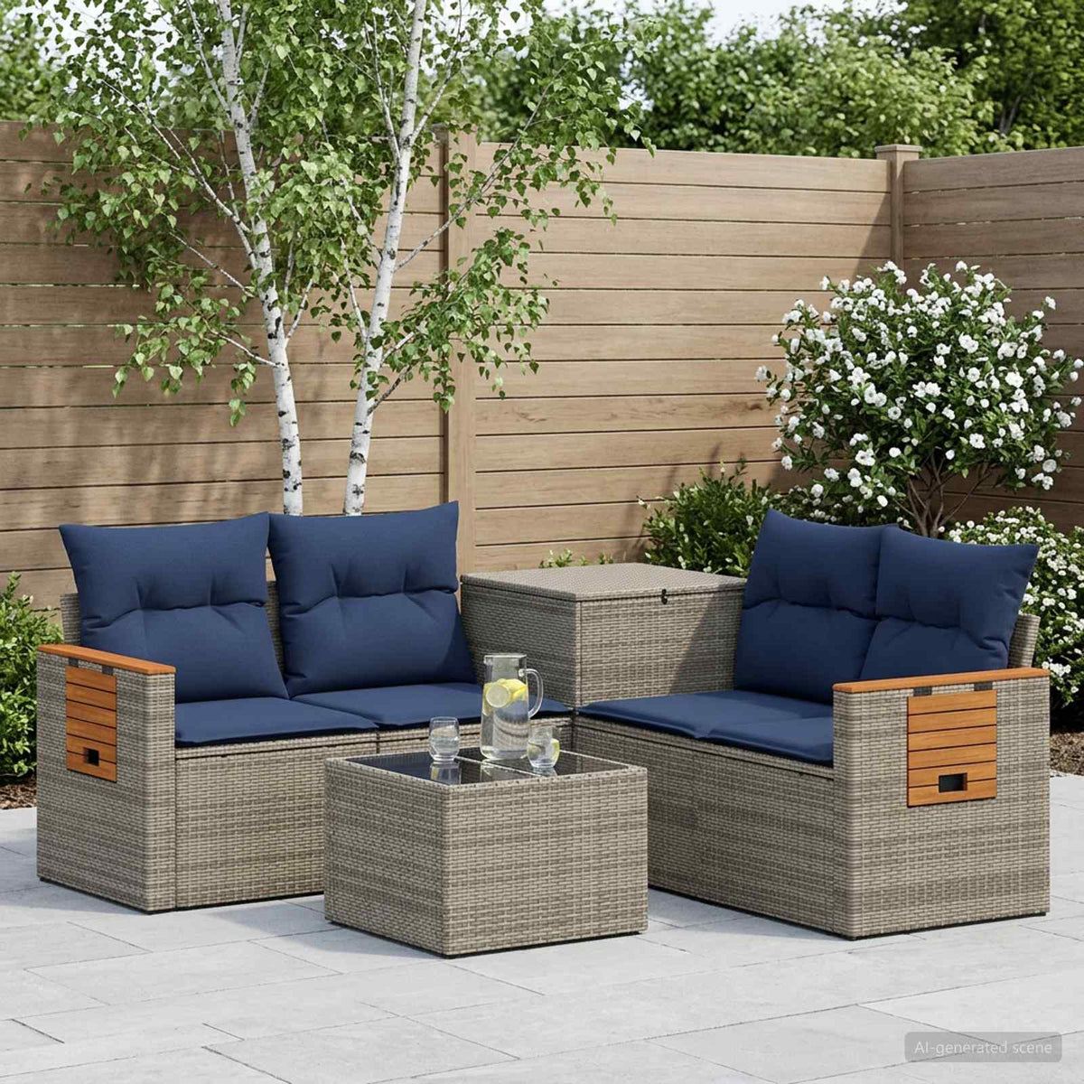 Bankstel 6 st Grijs en Marineblauw Poly Rattan en Staal is nu te koop bij PeponiXL, paradijselijk wonen!
