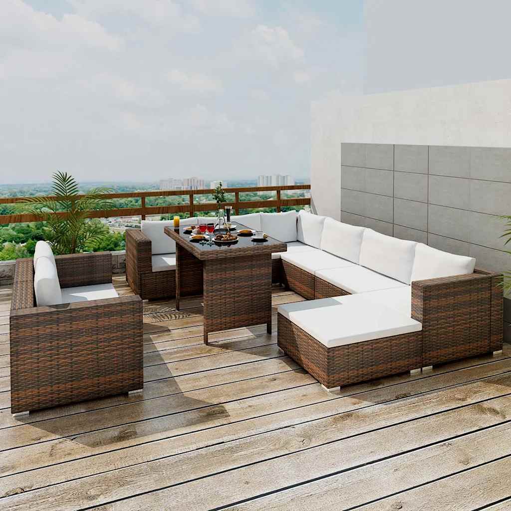10-delige Loungeset met kussens poly rattan bruin is nu te koop bij PeponiXL, paradijselijk wonen!