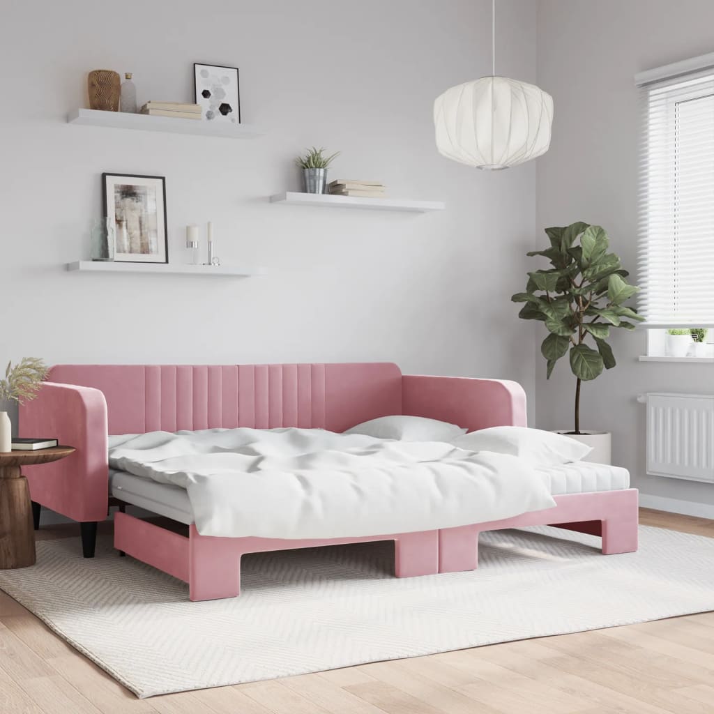 Slaapbank onderschuifbed en matrassen 100x200 cm fluweel roze is nu te koop bij PeponiXL, paradijselijk wonen!