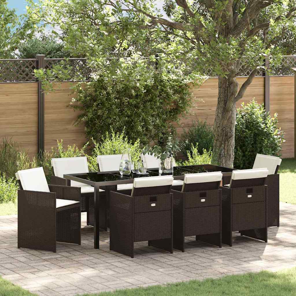 Tuin eettafelset met kussen 9 pcs Bruin poly rattan is nu te koop bij PeponiXL, paradijselijk wonen!