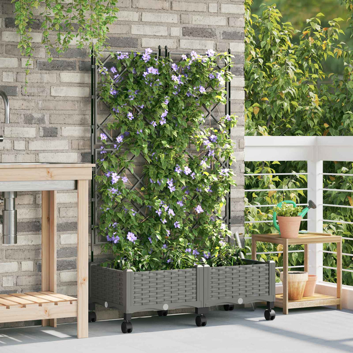 Tuinplantbak met schutting en wielen 2 st Lichtgrijs PP is nu te koop bij PeponiXL, paradijselijk wonen!