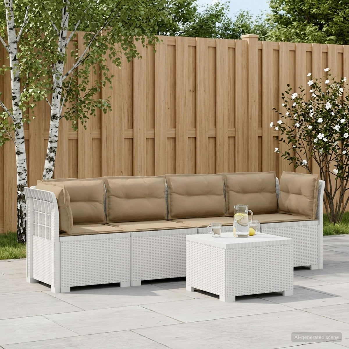 4-Persoons Tuin Sofa met Kussens Rieten Look PP Wit is nu te koop bij PeponiXL, paradijselijk wonen!