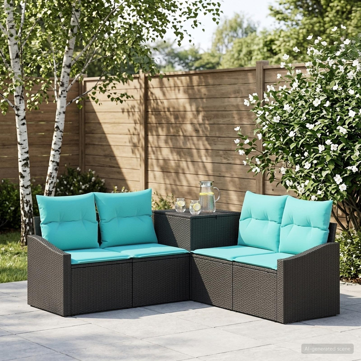 Bankstel 5 st Zwart en Blauw Poly Rattan en Staal is nu te koop bij PeponiXL, paradijselijk wonen!