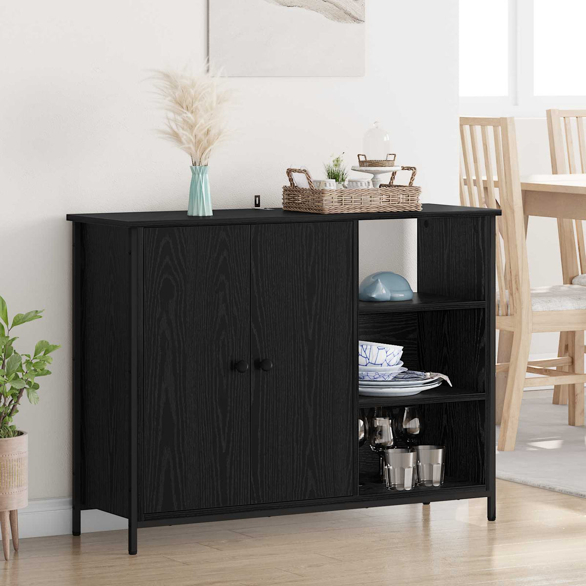 Dressoir Zwart Eiken 100 x 33 x 75 cm Bewerkt hout is nu te koop bij PeponiXL, paradijselijk wonen!