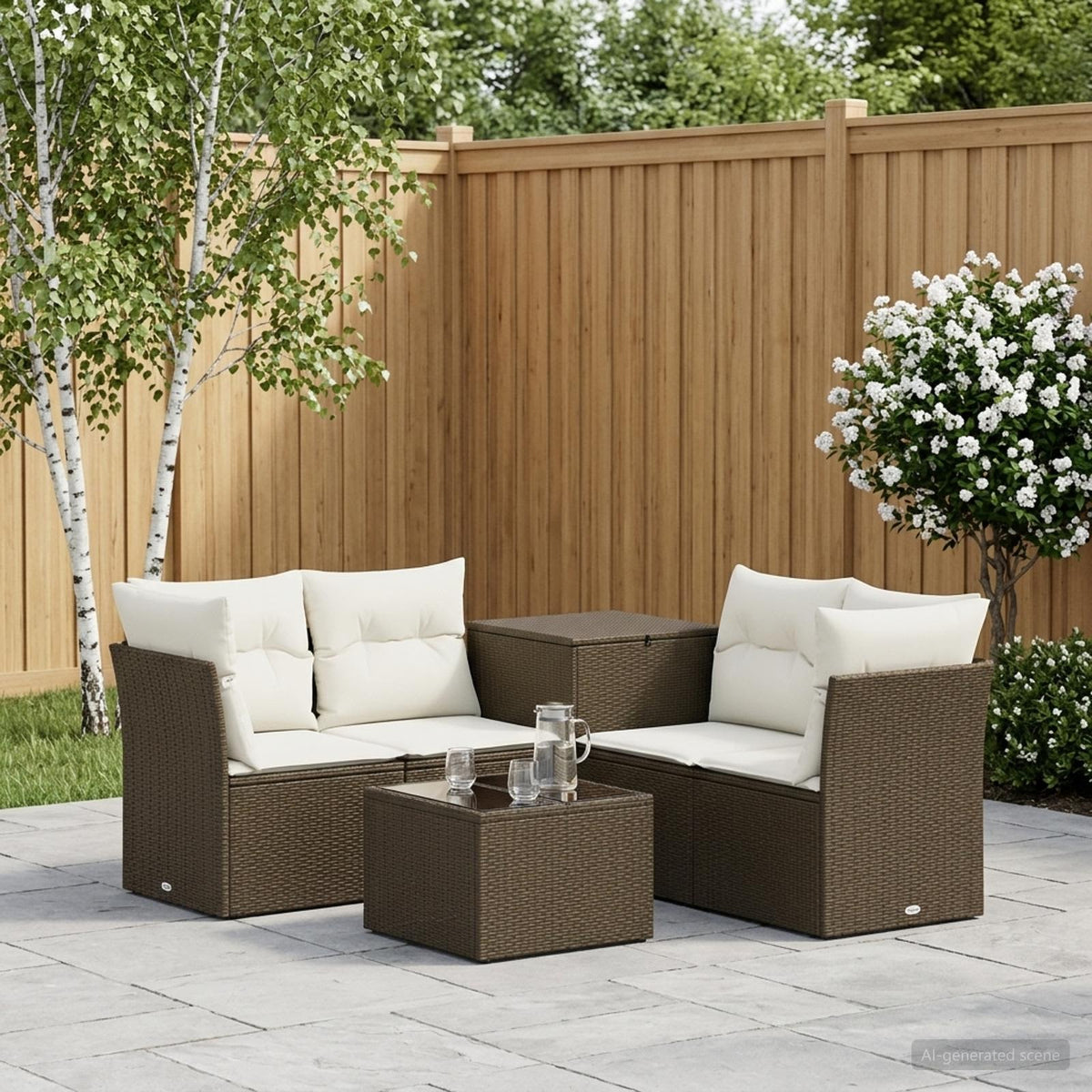 Bankstel 6 st Bruin en Crème Wit Poly Rattan en Staal is nu te koop bij PeponiXL, paradijselijk wonen!