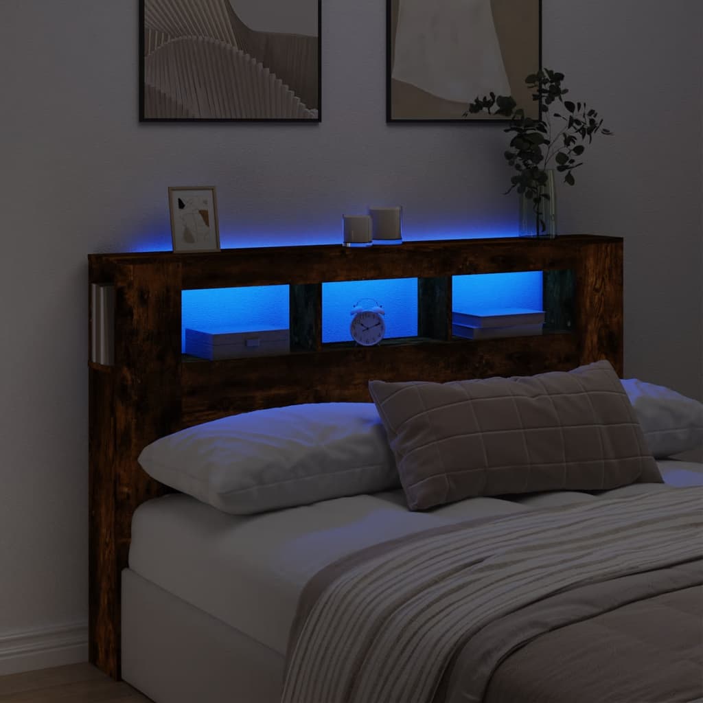Hoofdeinde met LED 160x18,5x103,5 cm bewerkt hout gerookt eiken is nu te koop bij PeponiXL, paradijselijk wonen!