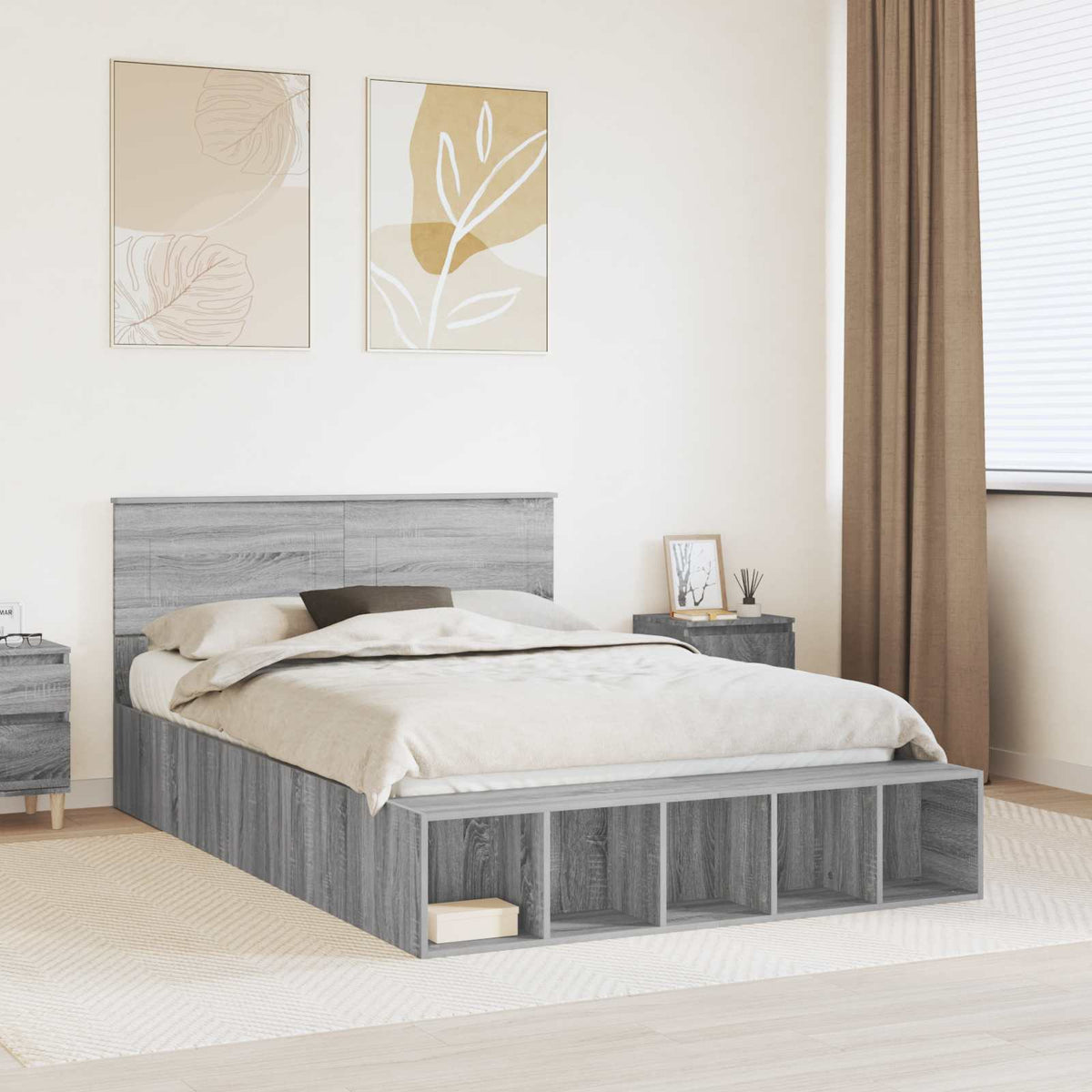 Bedframe met plank Grijs Sonoma 140 x 200 cm Bewerkt hout is nu te koop bij PeponiXL, paradijselijk wonen!