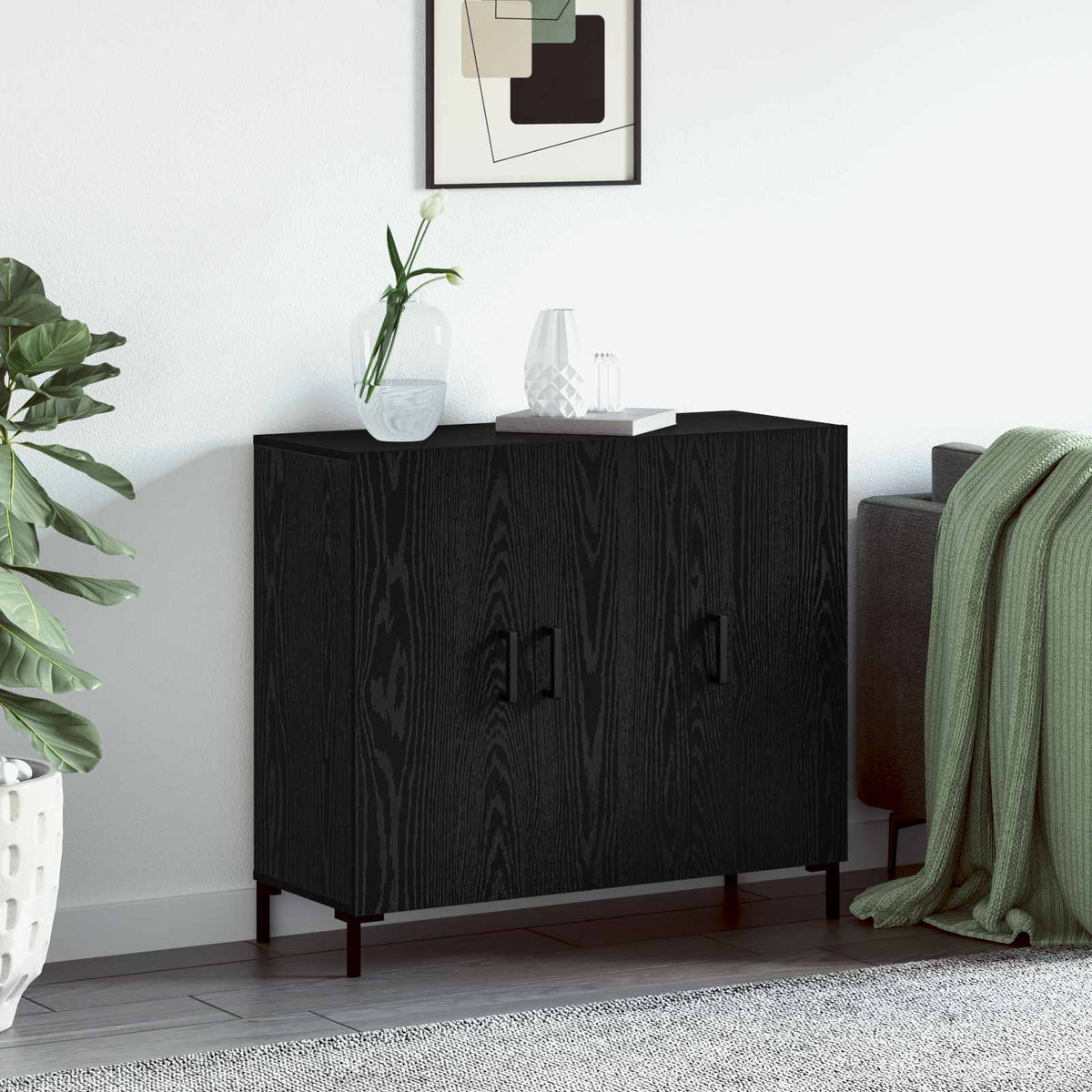 Dressoir Zwart Eiken 90 x 34 x 80 cm Bewerkt hout is nu te koop bij PeponiXL, paradijselijk wonen!