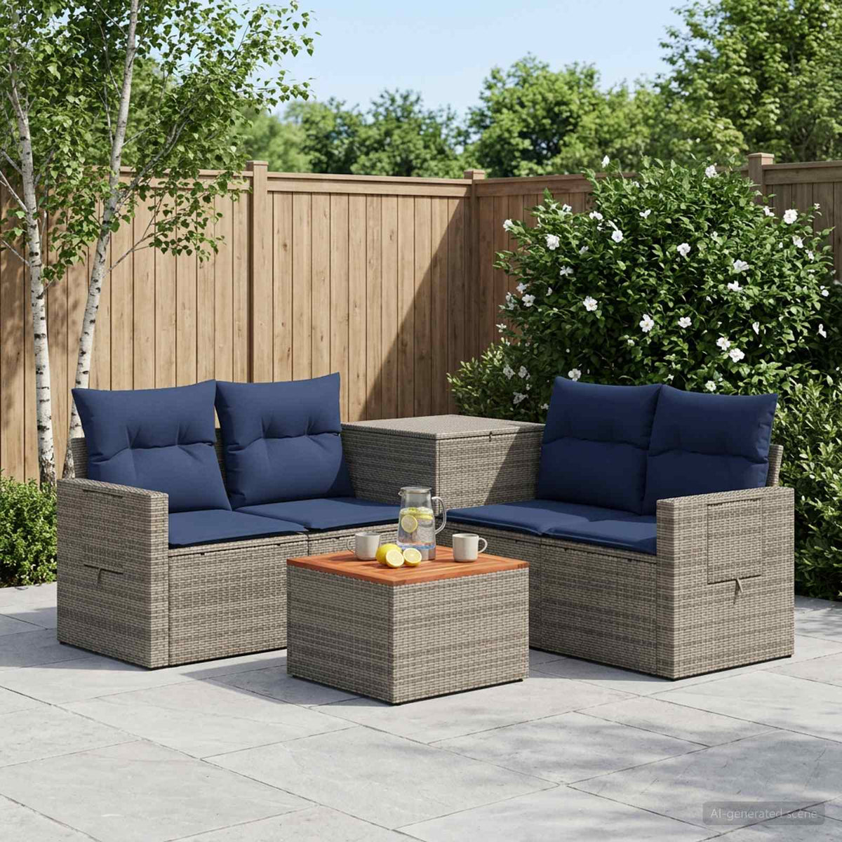 Bankstel 6 st Grijs en Marineblauw Poly Rattan en Staal is nu te koop bij PeponiXL, paradijselijk wonen!