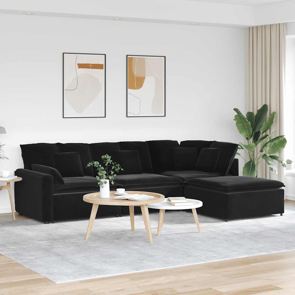 Modulaire bank met voetenbank en kussens fluweel zwart is nu te koop bij PeponiXL, paradijselijk wonen!