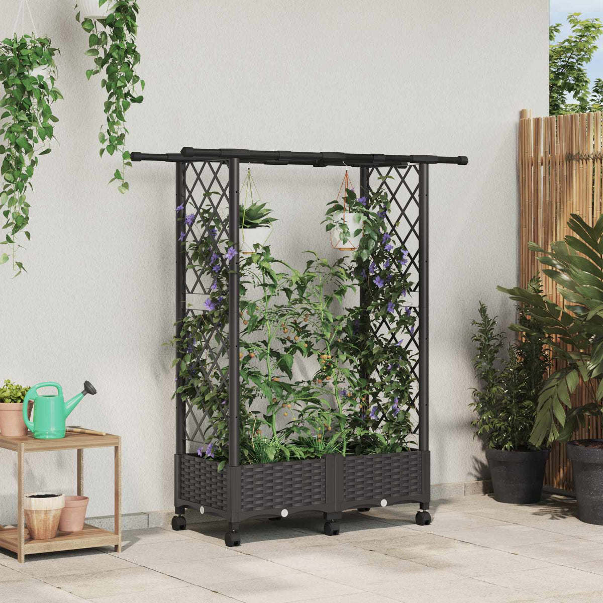 Verhoogd Bed met Trellis en Dak Bruin 122,5 x 40 x 127 cm PP is nu te koop bij PeponiXL, paradijselijk wonen!