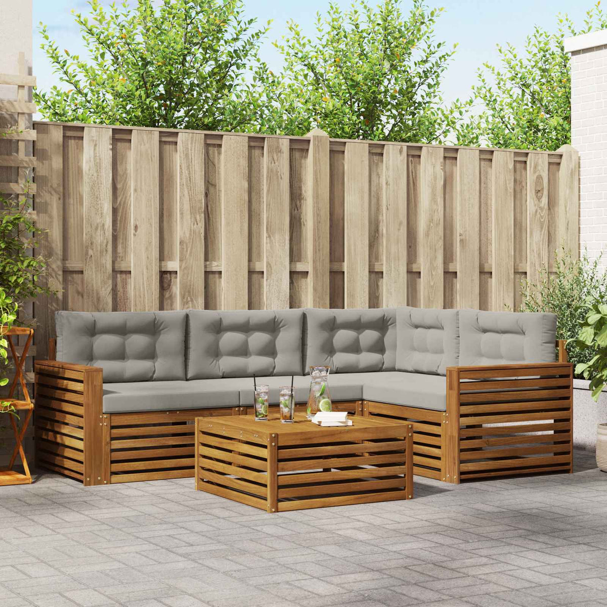 Buiten bankenset met kussen 5 pcs Natuurlijk en Lichtgrijs is nu te koop bij PeponiXL, paradijselijk wonen!