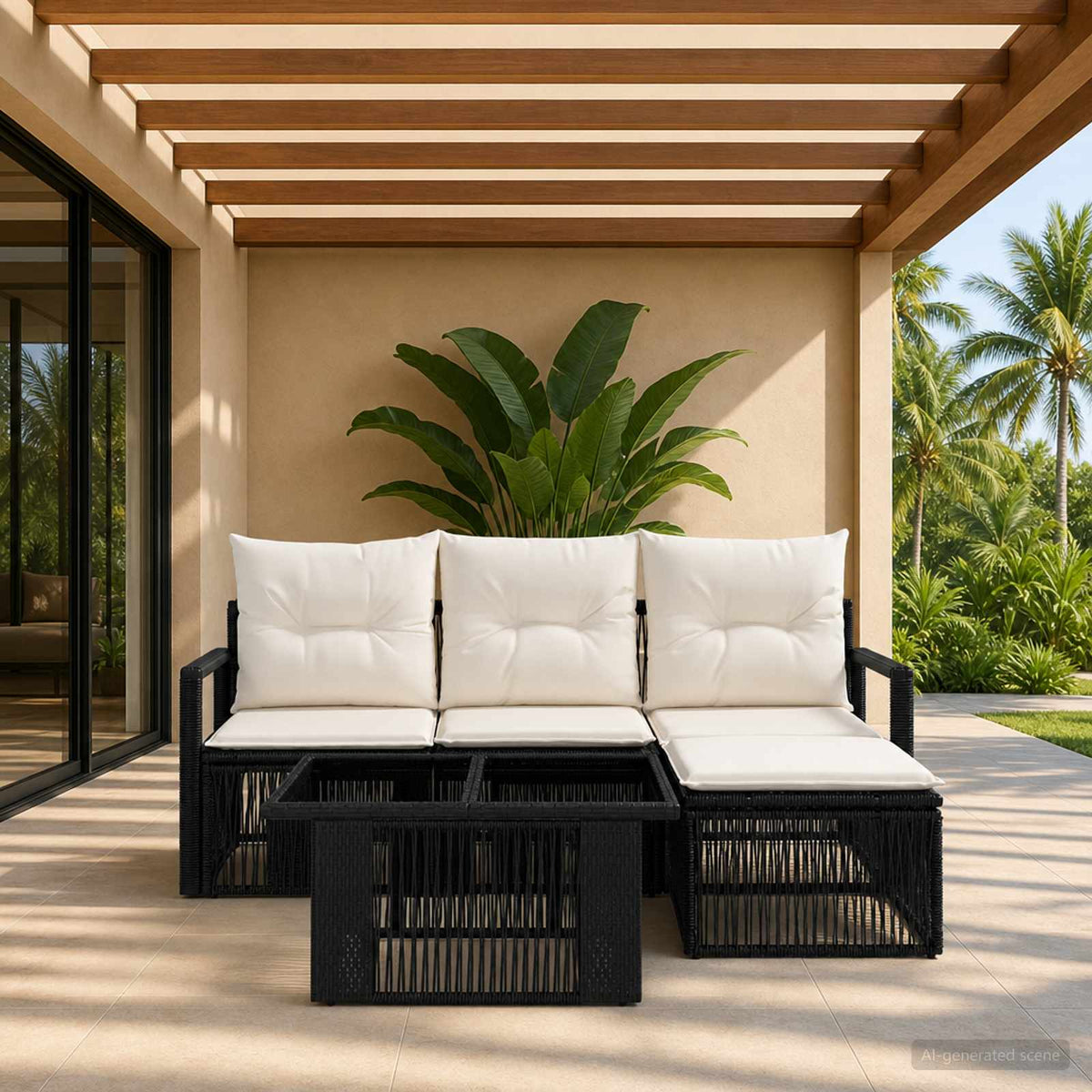 Tuinbankenset 5 st Zwart en Cream Wit poly rattan is nu te koop bij PeponiXL, paradijselijk wonen!