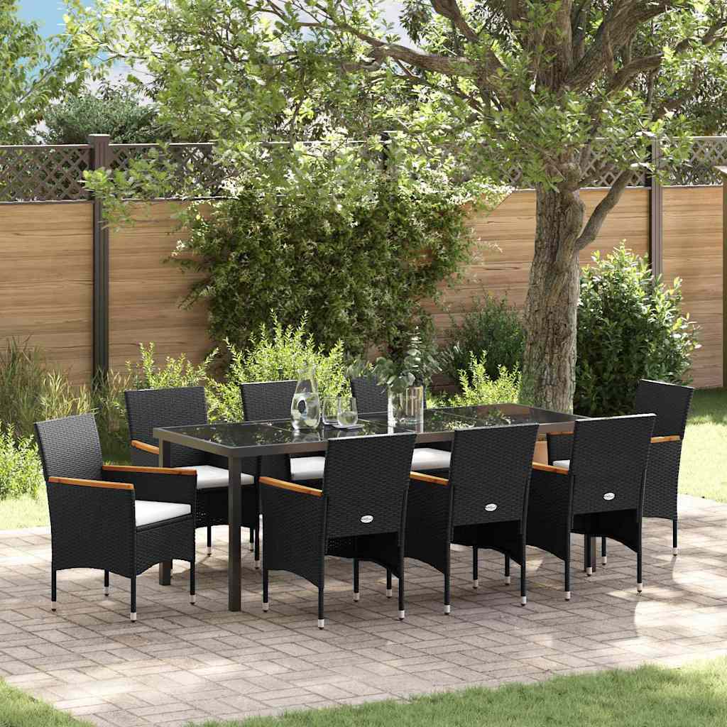 Tuin eettafelset met kussen 9 pcs Zwart poly rattan is nu te koop bij PeponiXL, paradijselijk wonen!