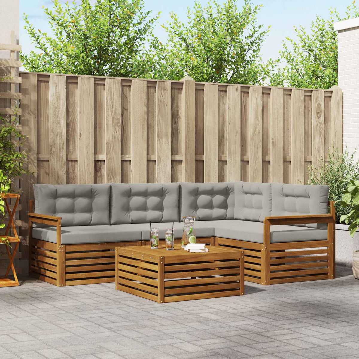 Buiten bankenset met kussen 5 pcs Natuurlijk en Lichtgrijs is nu te koop bij PeponiXL, paradijselijk wonen!