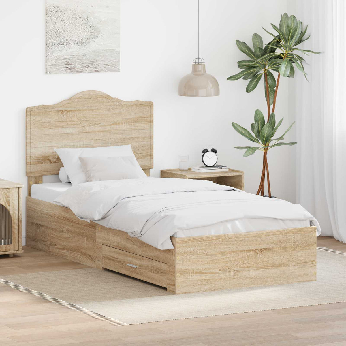Bedframe met hoofdeinde Sonoma Eiken 90 x 190 cm Bewerkt hout is nu te koop bij PeponiXL, paradijselijk wonen!