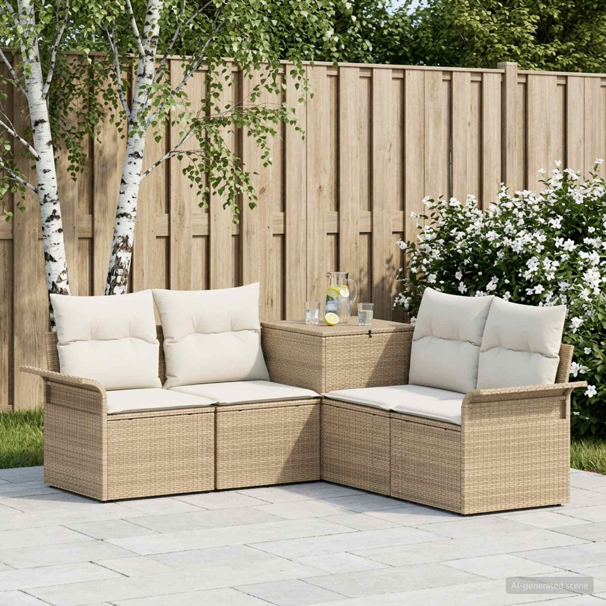 Bankstel 5 st Beige en Crème Wit Poly Rattan en Staal is nu te koop bij PeponiXL, paradijselijk wonen!