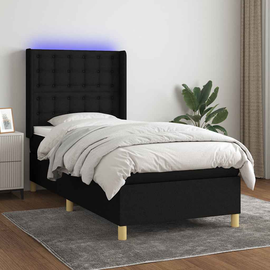 Boxspring met matras en LED stof zwart 90x200 cm is nu te koop bij PeponiXL, paradijselijk wonen!