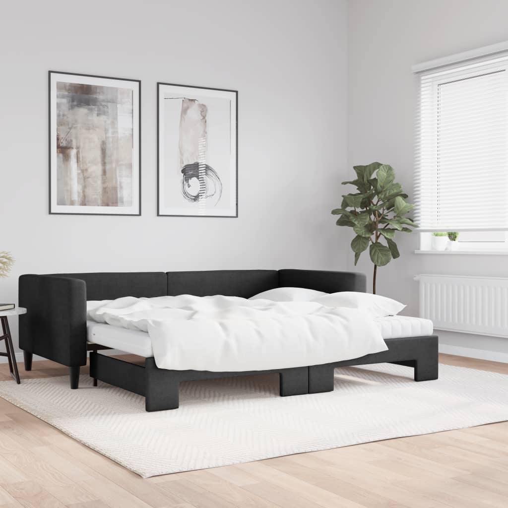 Slaapbank met onderschuifbed en matrassen 90x190 cm stof zwart is nu te koop bij PeponiXL, paradijselijk wonen!