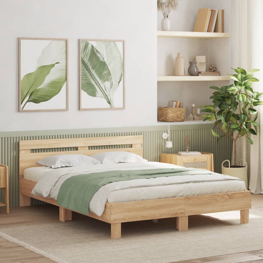 Bedframe met hoofdeinde en LED sonoma eikenkleurig 140x190 cm is nu te koop bij PeponiXL, paradijselijk wonen!