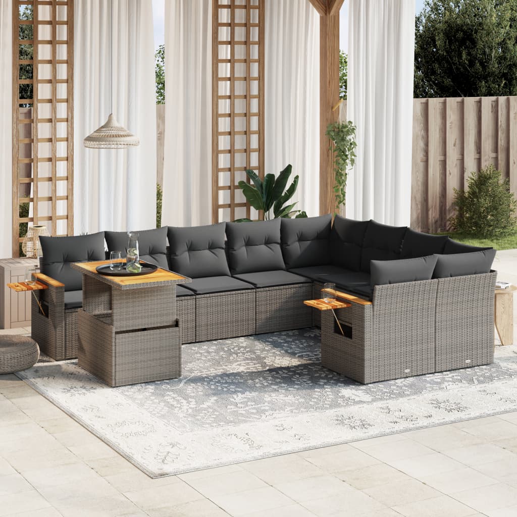 10-delige Loungeset met kussens poly rattan grijs is nu te koop bij PeponiXL, paradijselijk wonen!