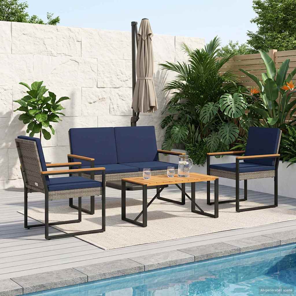 Buitenmeubelset 4 pcs Grijs en Marineblauw poly rattan is nu te koop bij PeponiXL, paradijselijk wonen!