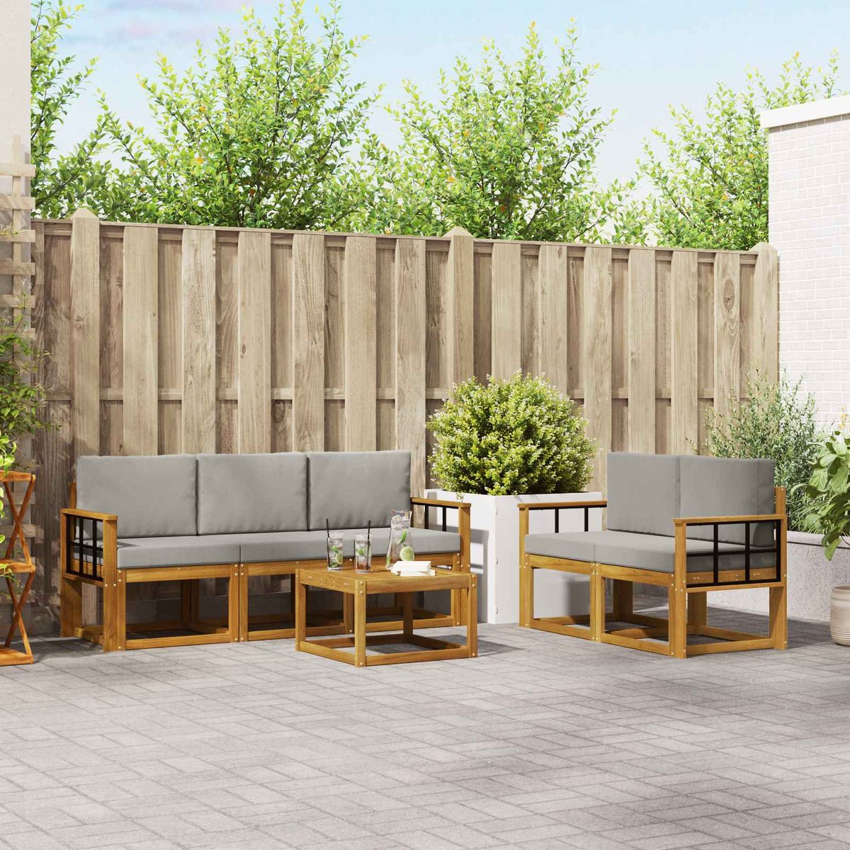 Buiten bankenset met kussen 6 pcs Natuurlijk en Lichtgrijs is nu te koop bij PeponiXL, paradijselijk wonen!