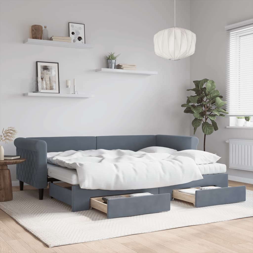 Slaapbank onderschuifbed en lades 80x200 cm fluweel donkergrijs is nu te koop bij PeponiXL, paradijselijk wonen!
