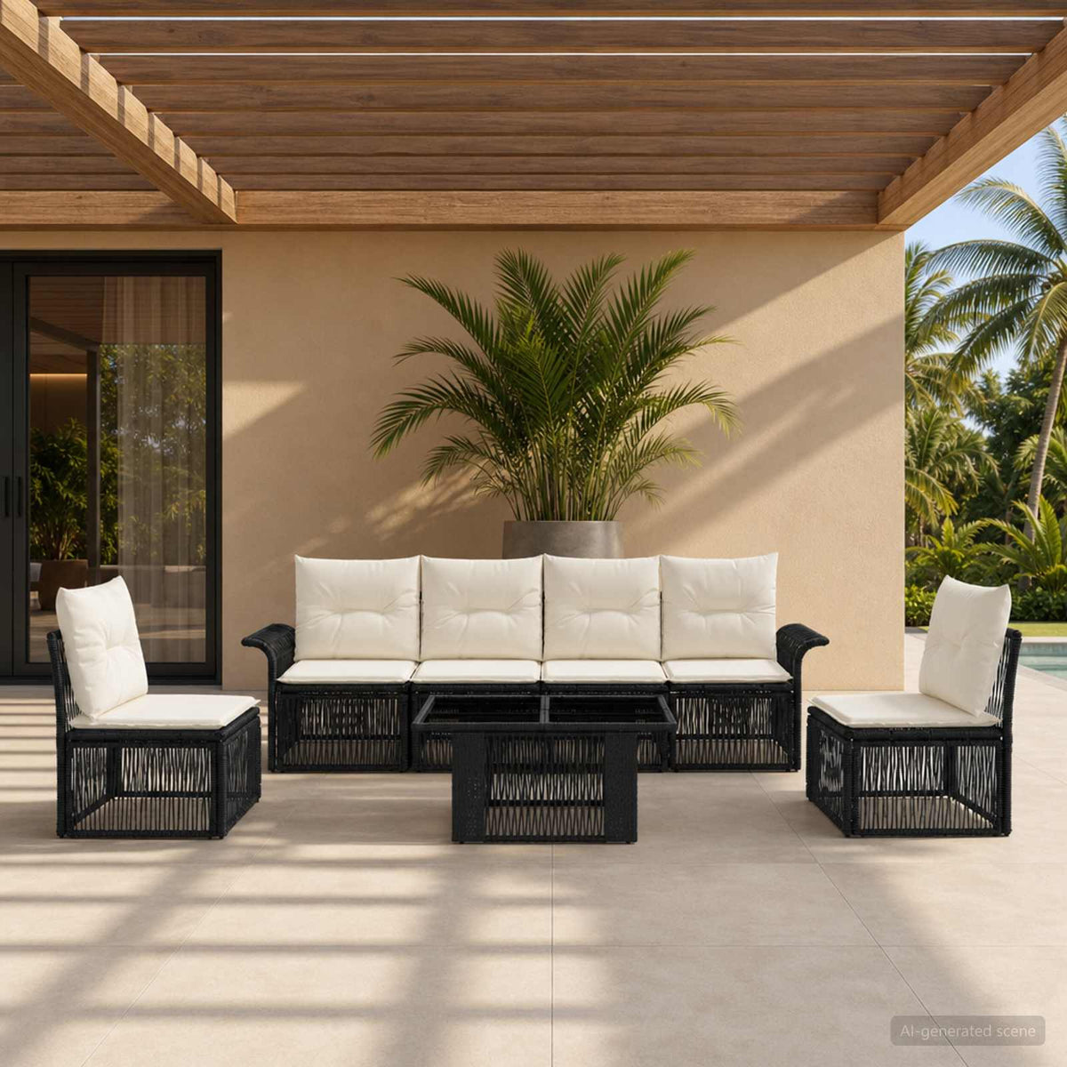 Tuinbankenset 7 st Zwart en Cream Wit poly rattan is nu te koop bij PeponiXL, paradijselijk wonen!